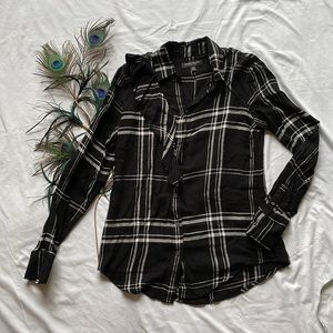 Banana Republic Black and White Plaid Button-Down with Ruffle Detail